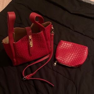 Red Woven Handbag - Faux leather